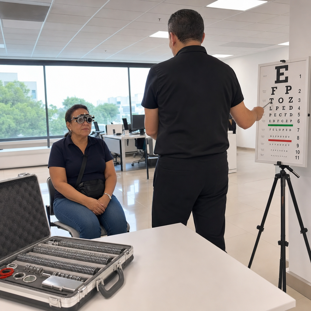 Optometrista realizando brigada óptica en oficina con cliente