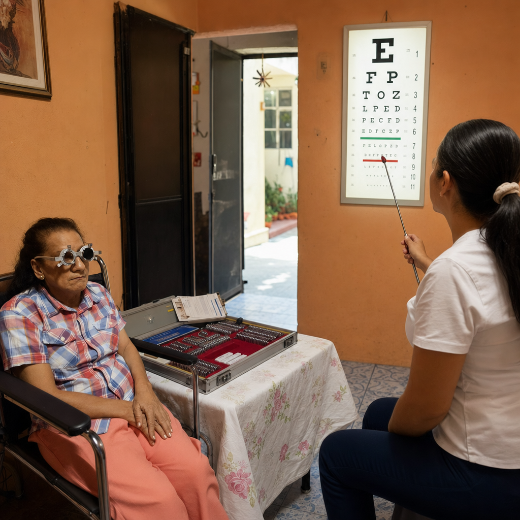 Optometrista realizando examen visual en el hogar de una clienta